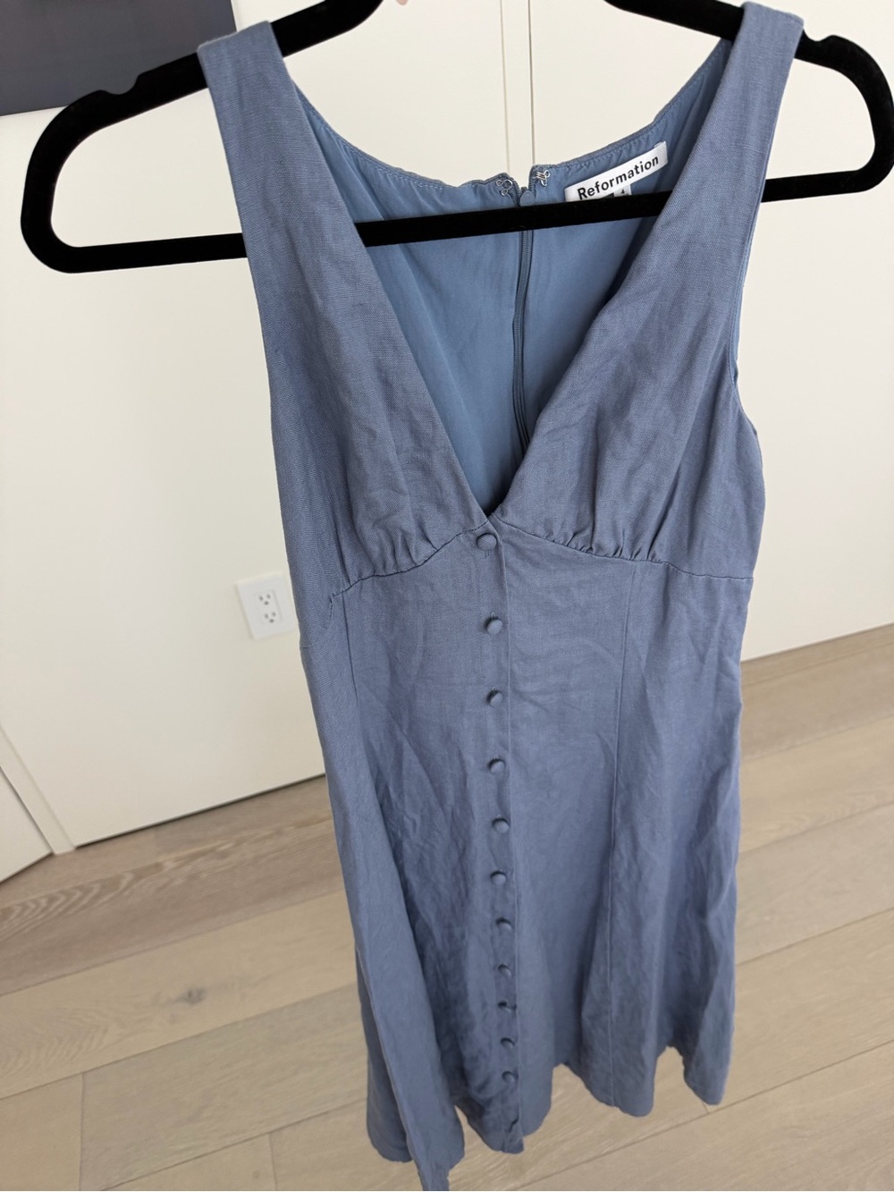 Reformation Sleeveless V-Neck Midi Dress in Dusty Blue with Front Buttons - Picture 6 of 7